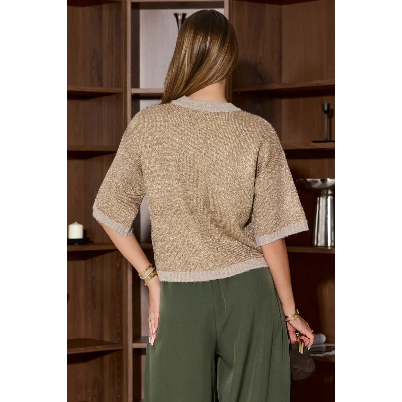 Błyszczący sweter oversize z krótkim rękawem