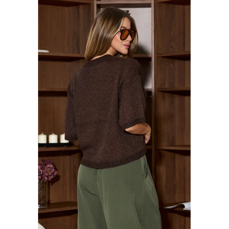 Błyszczący sweter oversize z krótkim rękawem