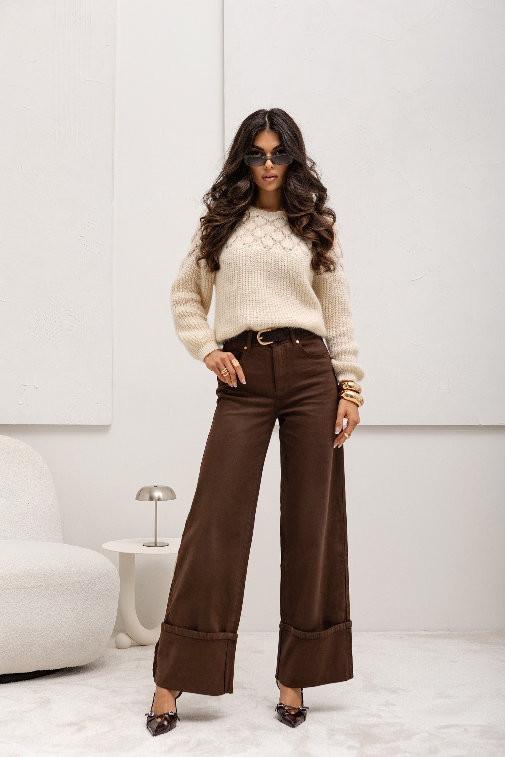 SZEROKIE SPODNIE Z MANKIETAMI I PASKIEM