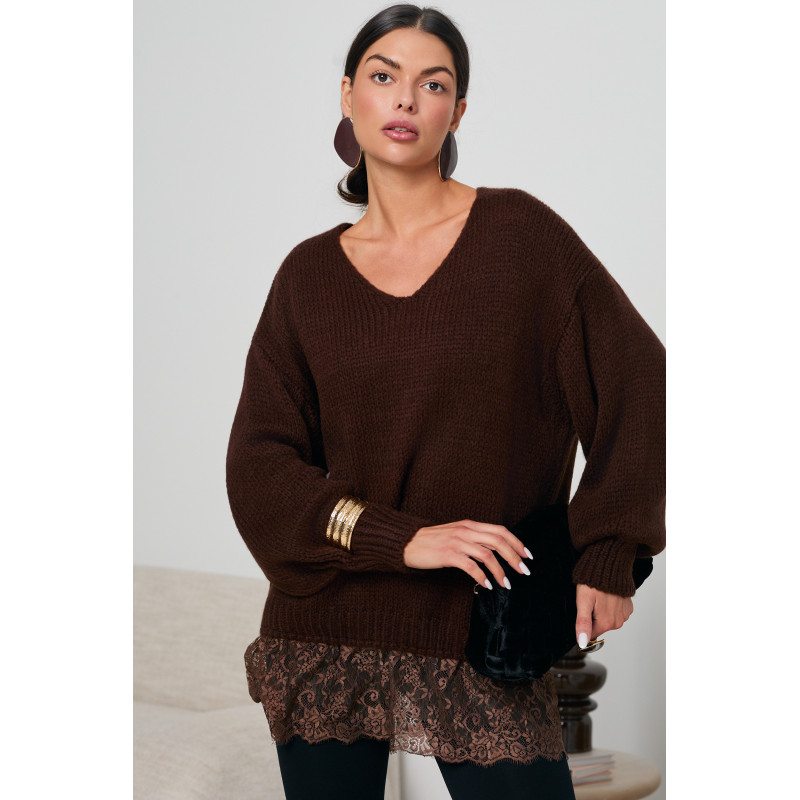 OVERSIZOWY SWETER Z KORONKOWYM DOŁEM