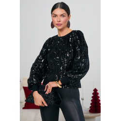 SWETER Z CEKINOWYMI PASAMI I BUFIASTYMI RĘKAWAMI