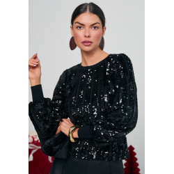 SWETER Z CEKINOWYMI PASAMI I BUFIASTYMI RĘKAWAMI