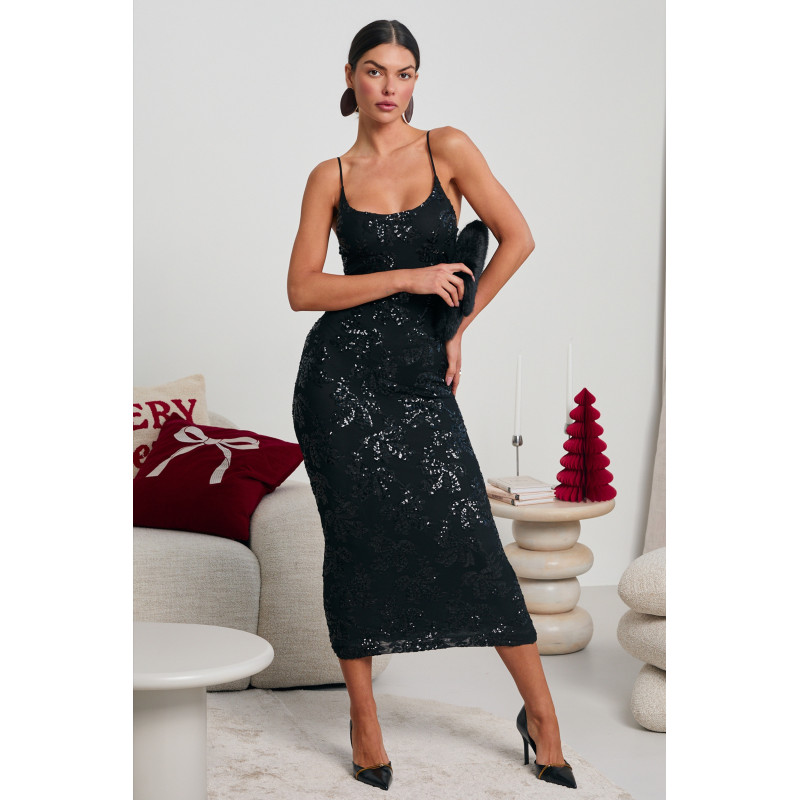 SUKIENKA MIDI Z CEKINOWYMI KWIATAMI