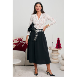 ROZKLOSZOWANA SPÓDNICA MIDI Z DEKORACYJNYM PASKIEM
