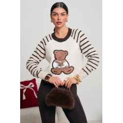 SWETER Z DUŻĄ NASZYWKĄ MISIA I PASKAMI