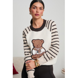 SWETER Z DUŻĄ NASZYWKĄ MISIA I PASKAMI