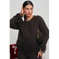 DZIANINOWY SWETER Z DEKORACYJNYMI FRĘDZLAMI