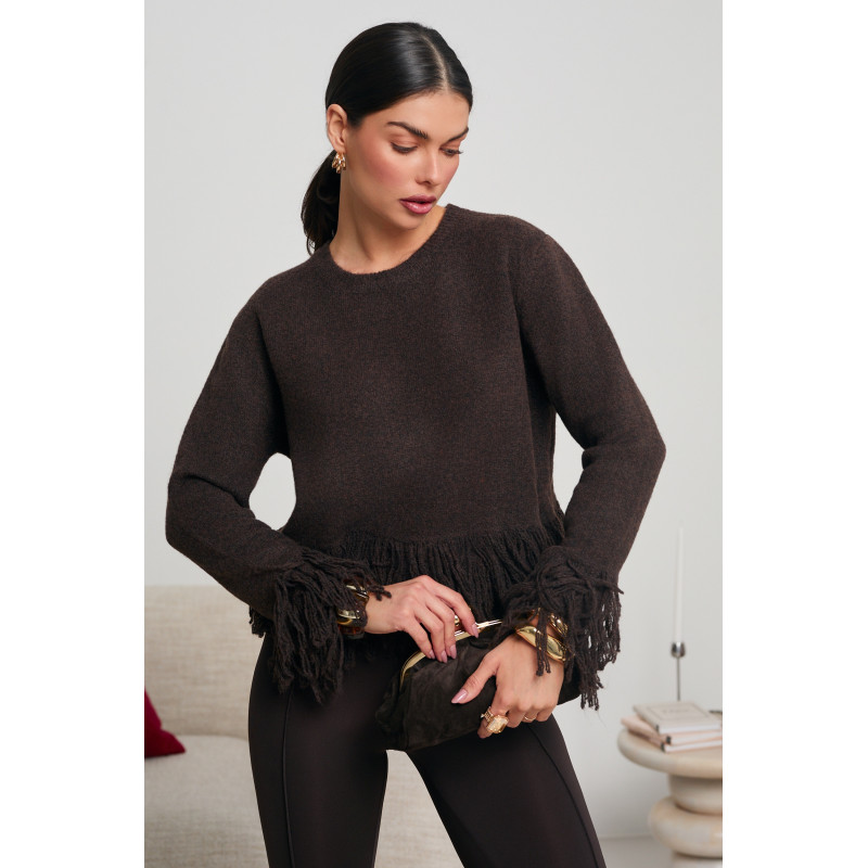 DZIANINOWY SWETER Z DEKORACYJNYMI FRĘDZLAMI