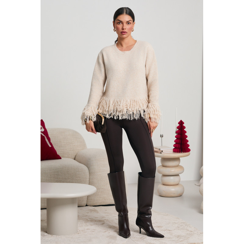 DZIANINOWY SWETER Z DEKORACYJNYMI FRĘDZLAMI