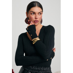 PRĄŻKOWANY SWETER V-NECK ZE ZŁOTYMI GUZIKAMI