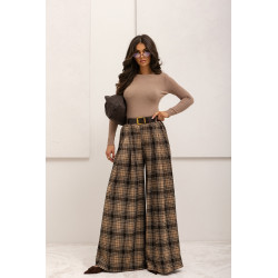 SZEROKIE SPODNIE W KRATĘ Z PASKIEM