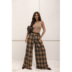 SZEROKIE SPODNIE W KRATĘ Z PASKIEM