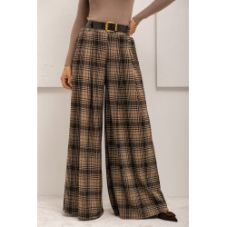 SZEROKIE SPODNIE W KRATĘ Z PASKIEM