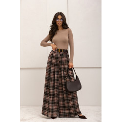 SZEROKIE SPODNIE W KRATĘ Z PASKIEM
