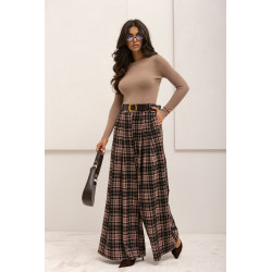 SZEROKIE SPODNIE W KRATĘ Z PASKIEM