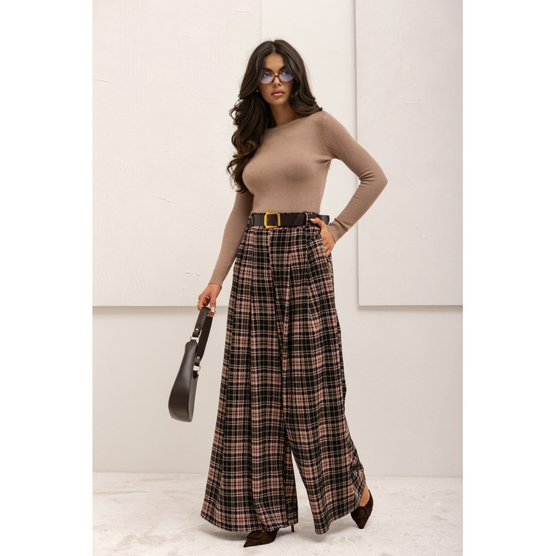 SZEROKIE SPODNIE W KRATĘ Z PASKIEM