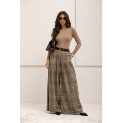 SPODNIE TYPU PALAZZO W KRATĘ Z PASKIEM
