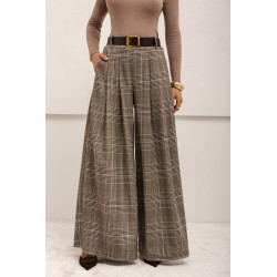 SPODNIE TYPU PALAZZO W KRATĘ Z PASKIEM
