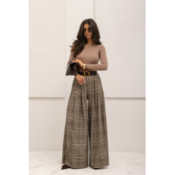 SPODNIE TYPU PALAZZO W KRATĘ Z PASKIEM
