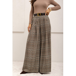 SPODNIE TYPU PALAZZO W KRATĘ Z PASKIEM