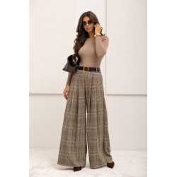 SPODNIE TYPU PALAZZO W KRATĘ Z PASKIEM