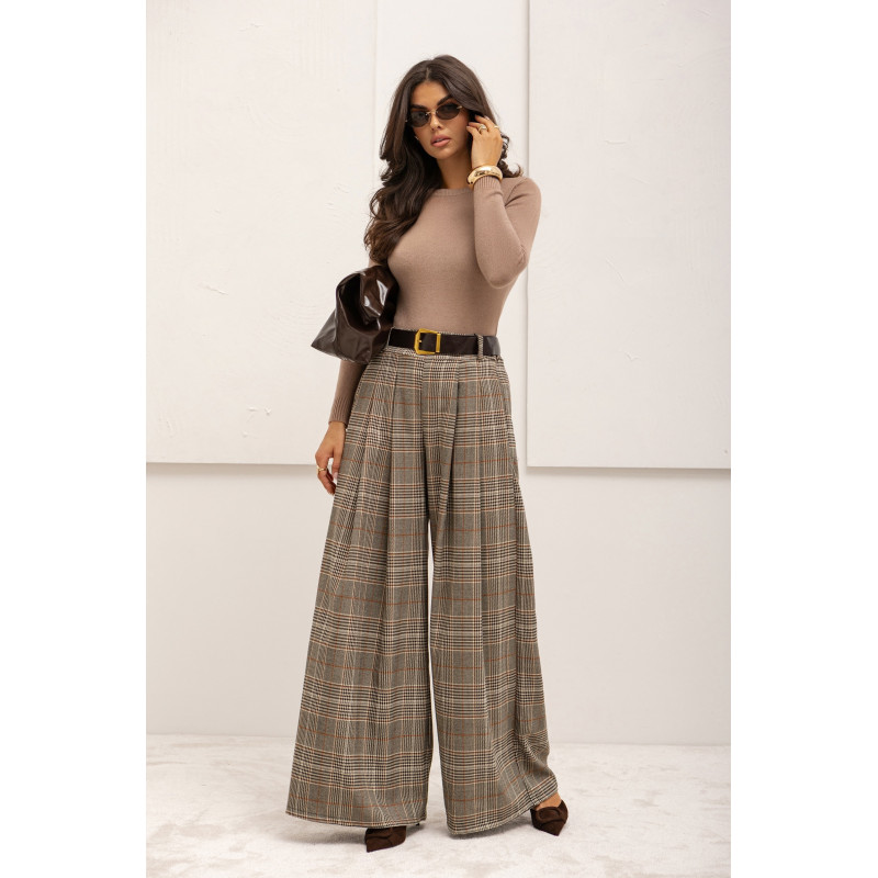 SPODNIE TYPU PALAZZO W KRATĘ Z PASKIEM