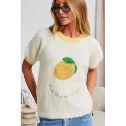 SWETER Z KRÓTKIM RĘKAWEM I CEKINOWĄ CYTRYNĄ