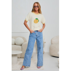 SWETER Z KRÓTKIM RĘKAWEM I CEKINOWĄ CYTRYNĄ