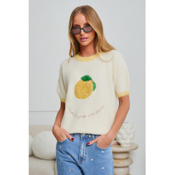 SWETER Z KRÓTKIM RĘKAWEM I CEKINOWĄ CYTRYNĄ