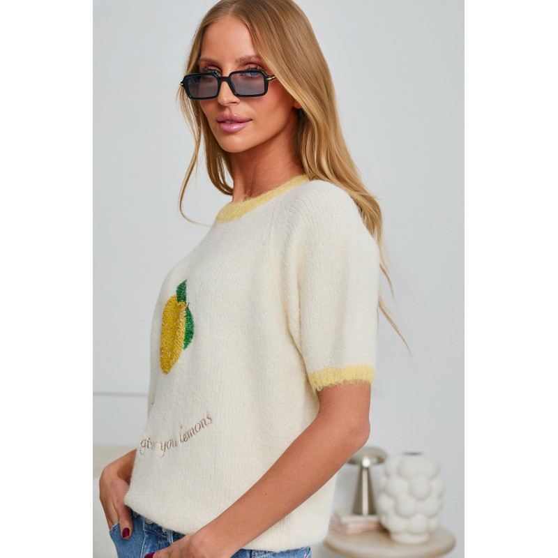 SWETER Z KRÓTKIM RĘKAWEM I CEKINOWĄ CYTRYNĄ