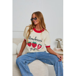 SWETER Z KRÓTKIM RĘKAWEM Z HAFTOWANYMI TRUSKAWKAMI