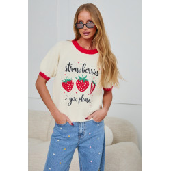 SWETER Z KRÓTKIM RĘKAWEM Z HAFTOWANYMI TRUSKAWKAMI