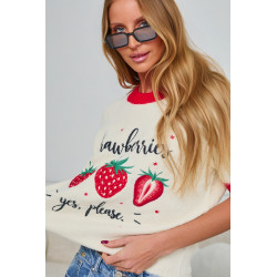 SWETER Z KRÓTKIM RĘKAWEM Z HAFTOWANYMI TRUSKAWKAMI