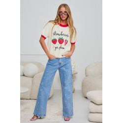 SWETER Z KRÓTKIM RĘKAWEM Z HAFTOWANYMI TRUSKAWKAMI