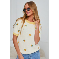 SWETER Z KRÓTKIM RĘKAWEM Z HAFTOWANYMI CYTRYNAMI