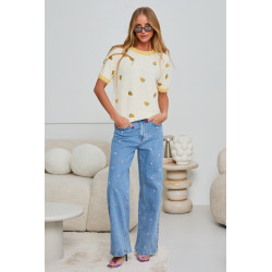 SWETER Z KRÓTKIM RĘKAWEM Z HAFTOWANYMI CYTRYNAMI