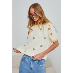 SWETER Z KRÓTKIM RĘKAWEM Z HAFTOWANYMI CYTRYNAMI