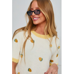 SWETER Z KRÓTKIM RĘKAWEM Z HAFTOWANYMI CYTRYNAMI