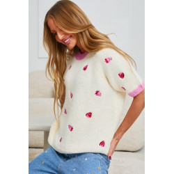 DZIANINOWY SWETER Z HAFTEM W TRUSKAWKI