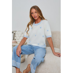 SWETER Z KRÓTKIM RĘKAWEM I DEKORACYJNYMI POMPONAMI