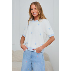 SWETER Z KRÓTKIM RĘKAWEM I DEKORACYJNYMI POMPONAMI