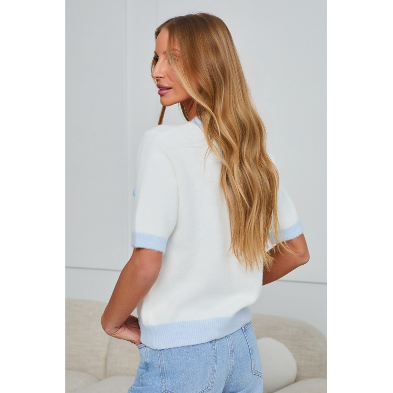 SWETER Z KRÓTKIM RĘKAWEM I DEKORACYJNYMI POMPONAMI