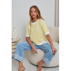 SWETER Z KRÓTKIM RĘKAWEM I DEKORACYJNYMI POMPONAMI