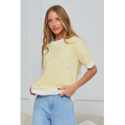 SWETER Z KRÓTKIM RĘKAWEM I DEKORACYJNYMI POMPONAMI