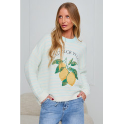 PASTELOWY SWETER W PASKI Z CYTRYNAMI