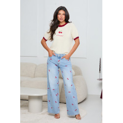 JEANSY WIDE LEG Z HAFTEM W WIŚNIE