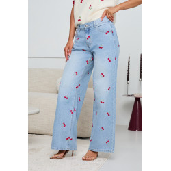 JEANSY WIDE LEG Z HAFTEM W WIŚNIE