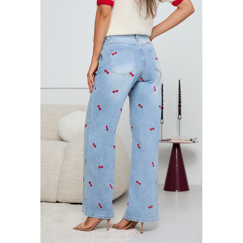JEANSY WIDE LEG Z HAFTEM W WIŚNIE