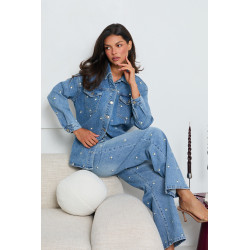 JEANSOWA KURTKA OVERSIZE  Z HAFTEM W KWIATY