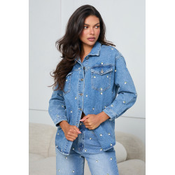 JEANSOWA KURTKA OVERSIZE  Z HAFTEM W KWIATY